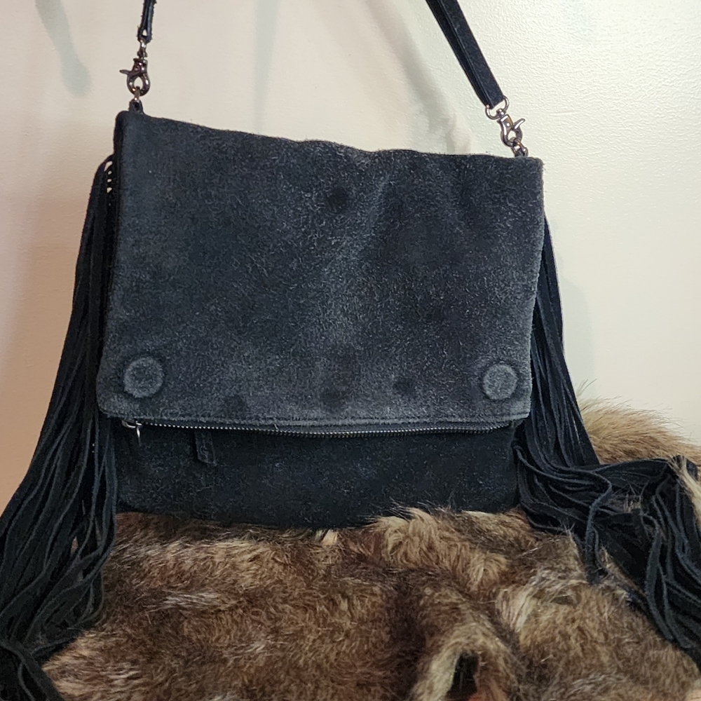 Walter Baker Fringe Suede Hobo Bag Women's Black Fold Over Flap Crossbody Bianca